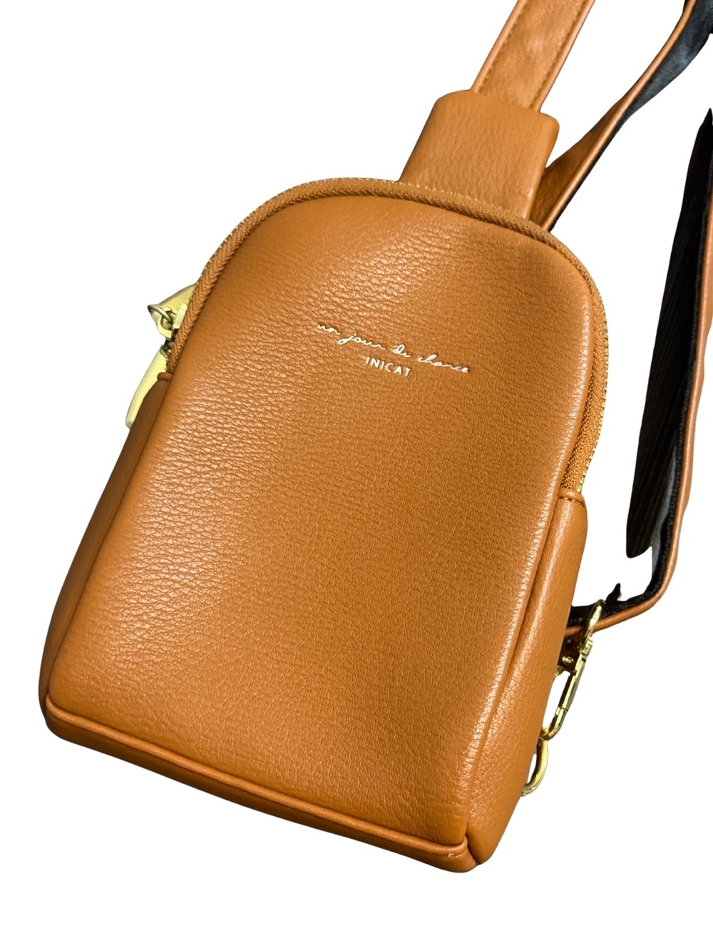 Tan Leather Crossbody Sling Bag with Gold Hardware